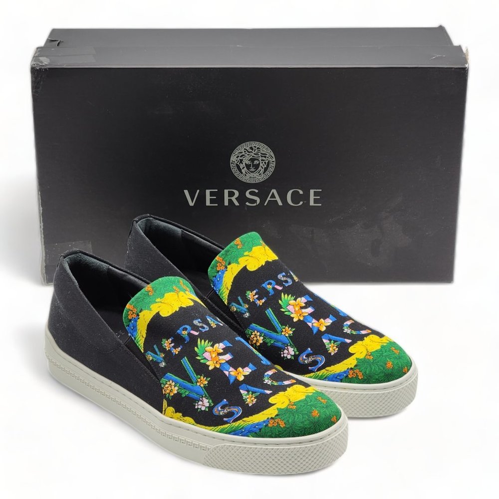 Versace Beverly Palm Print Canvas and Leather Sneakers - 40